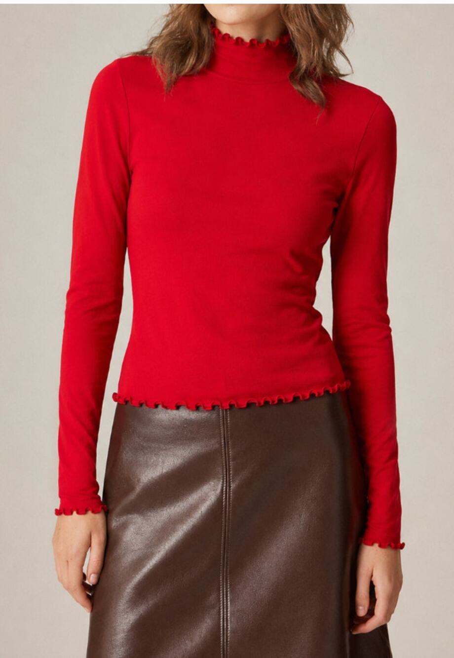 NEW J.CREW Lettuce Ruffle Trimmed Turtleneck Top RED Medium